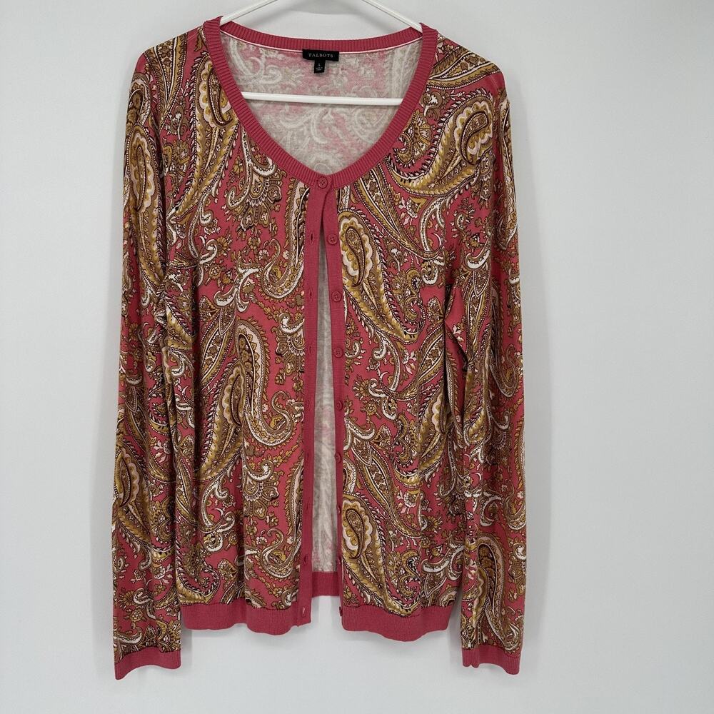 Talbots Cardigan Sweater Womens Large Pink Paisley Button Front Knit Lightweight